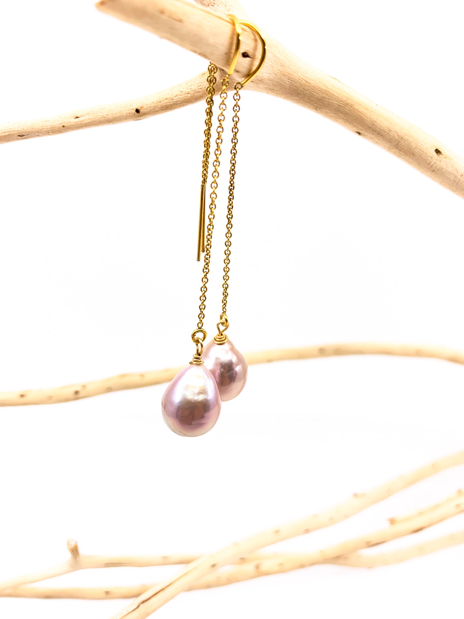 natural 'pink' Edison Baroque pearls gold threader earrings by eve black jewelry made in Hawaii