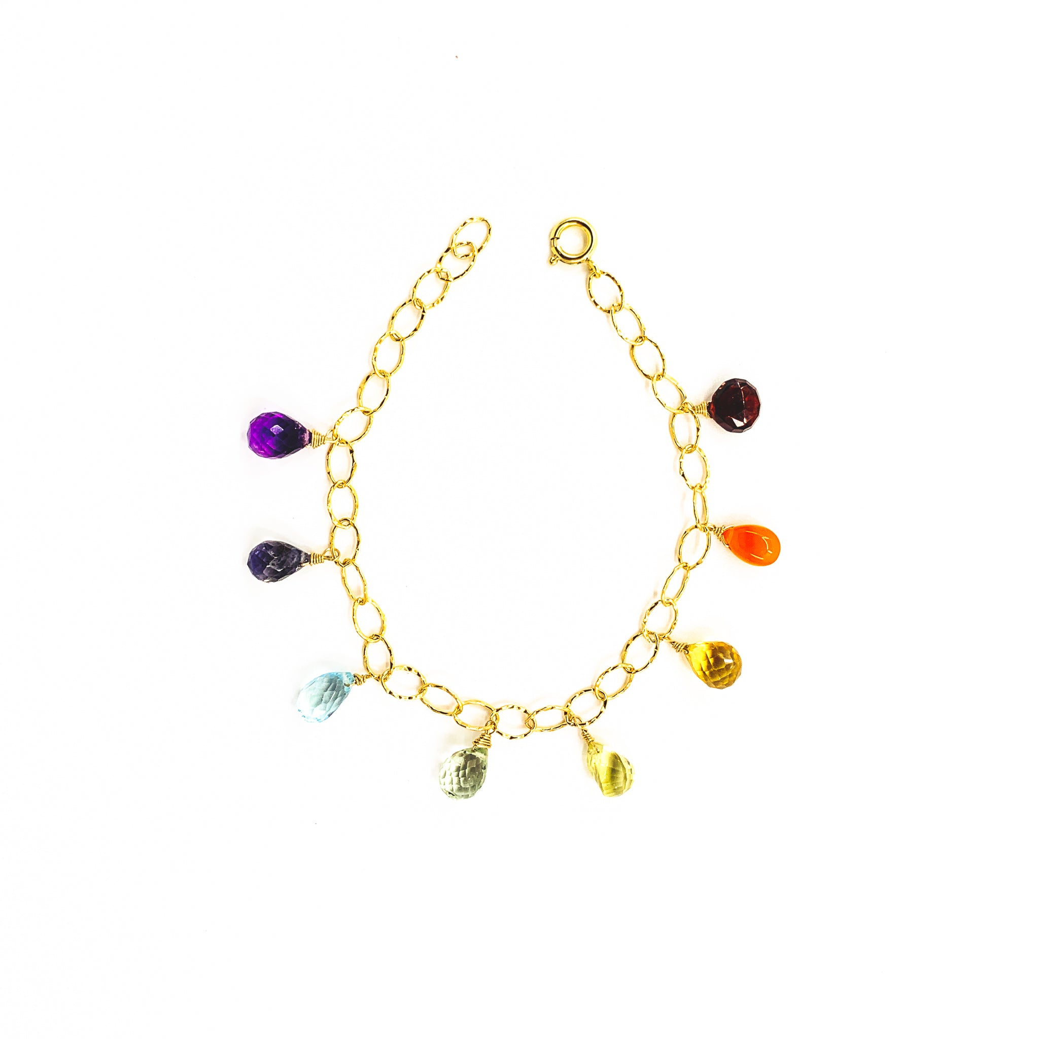 rainbow gemstones gold charm bracelet by eve black jewelry made in Hawaii