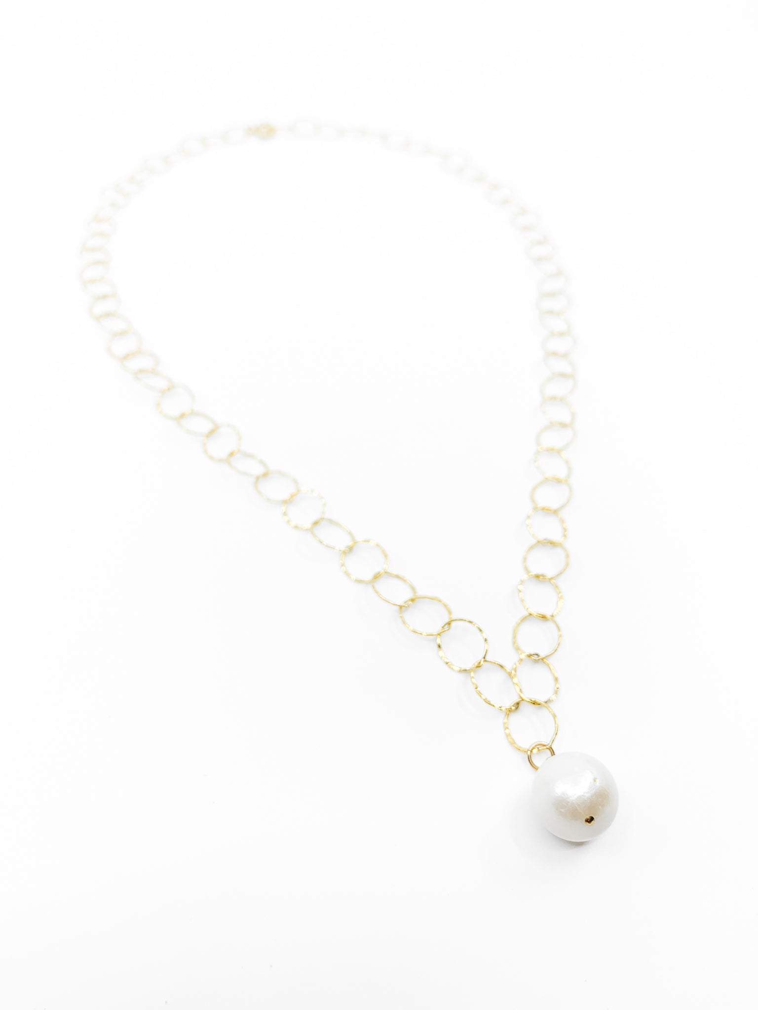 white pearl round gold chain necklace by eve black jewelry made in Hawaii