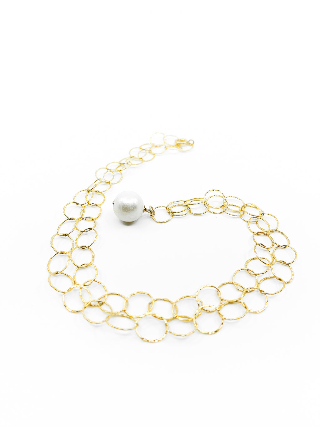 white pearl round gold chain necklace by eve black jewelry made in Hawaii