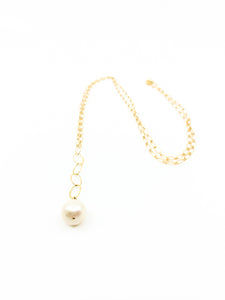 white pearl long gold necklace by eve black jewelry made in Hawaii