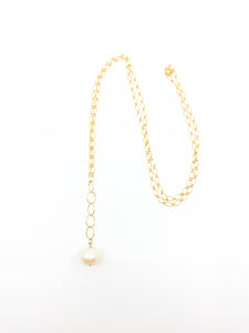 white pearl long gold chain necklace by eve black jewelry made in Hawaii