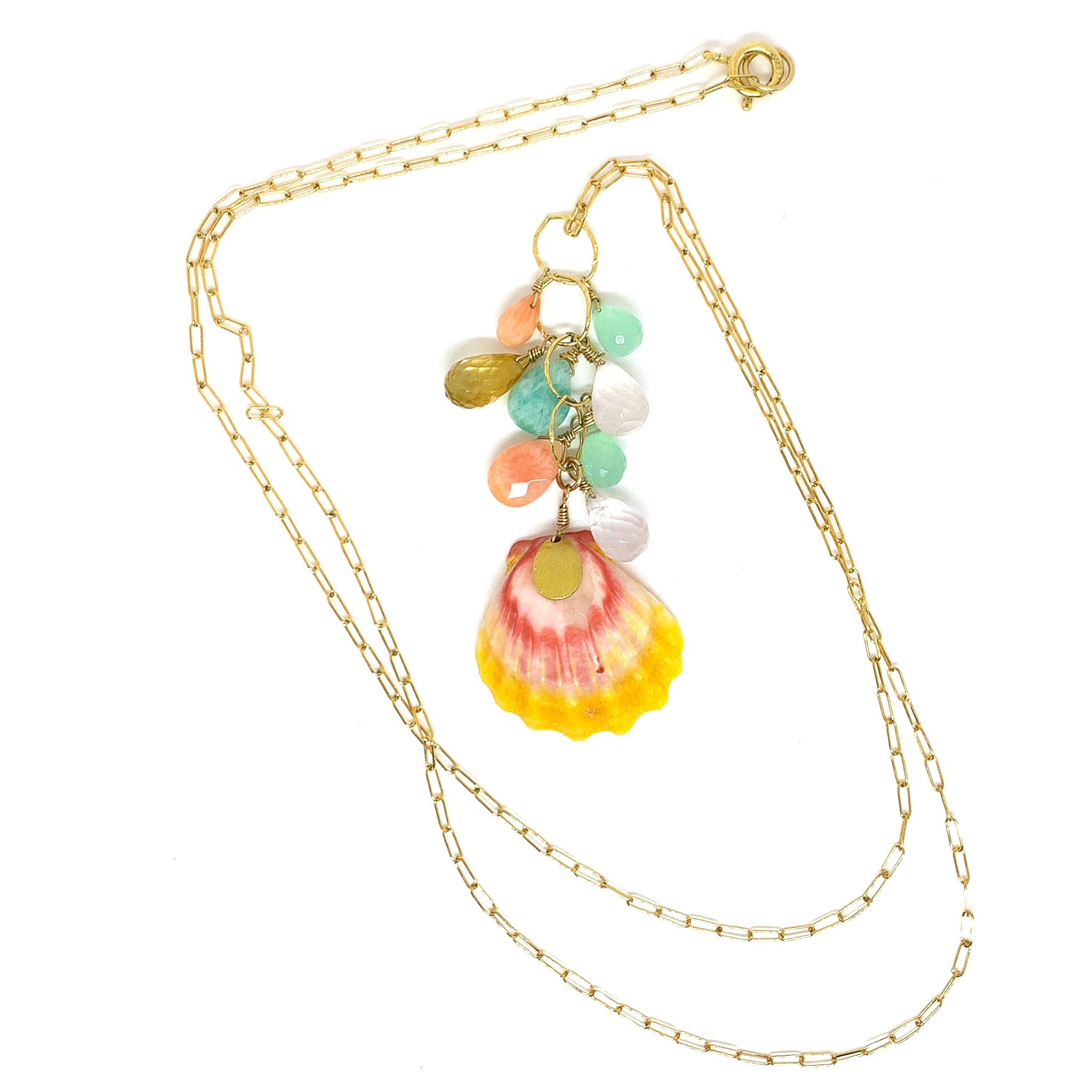 Hawaiian sunrise shell, coral , rose quartz, citrine, amazonite , chalcedony necklace eve black jewelry Hawaii