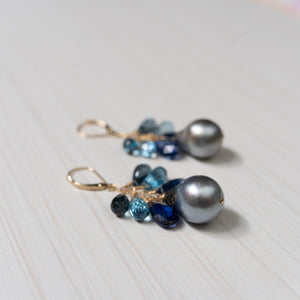 tahitian pearl and blue gemstone 14k gold earrings, handmade in hawaii, by eve black jewelry