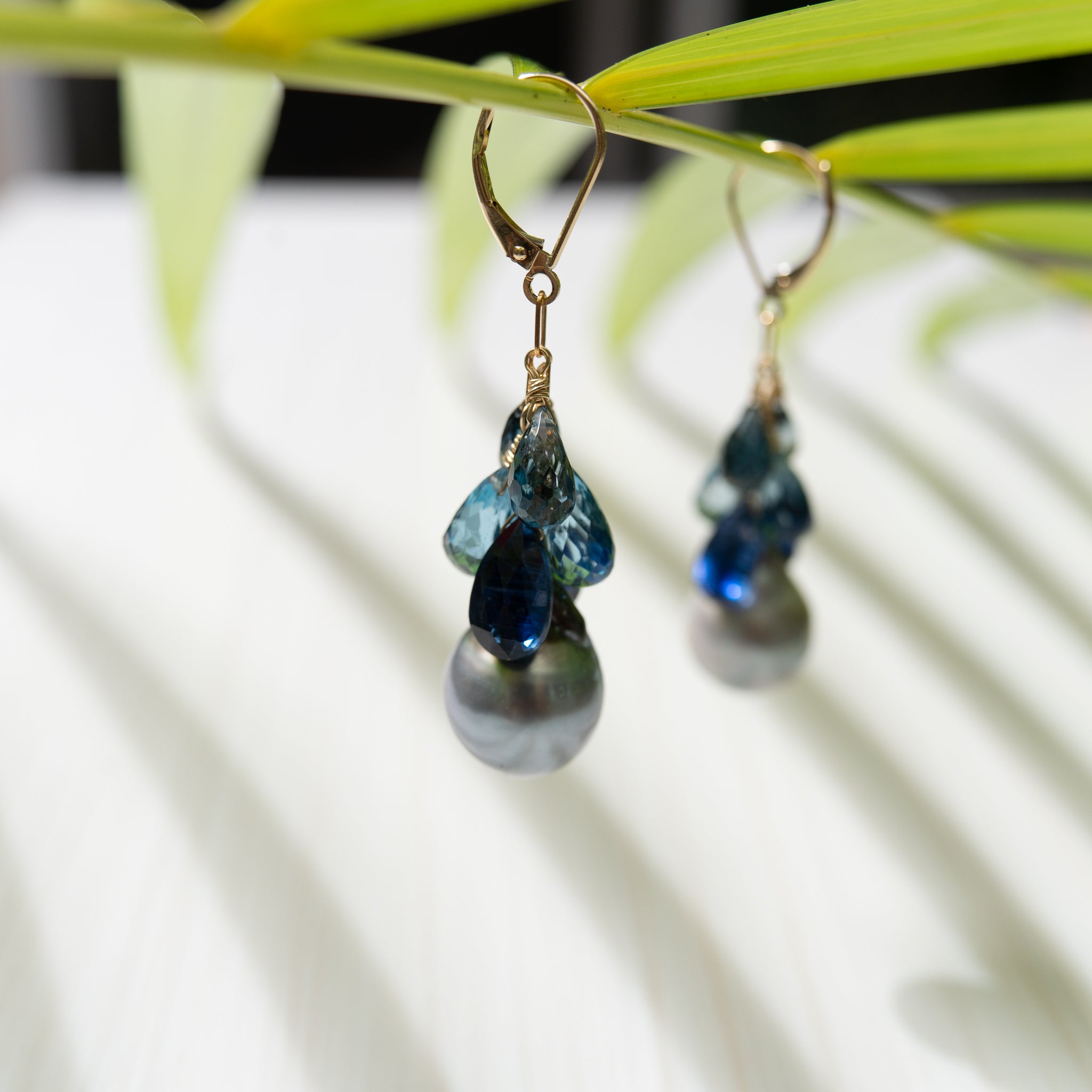 tahitian pearl and blue gemstone 14k gold earrings, handmade in hawaii, by eve black jewelry