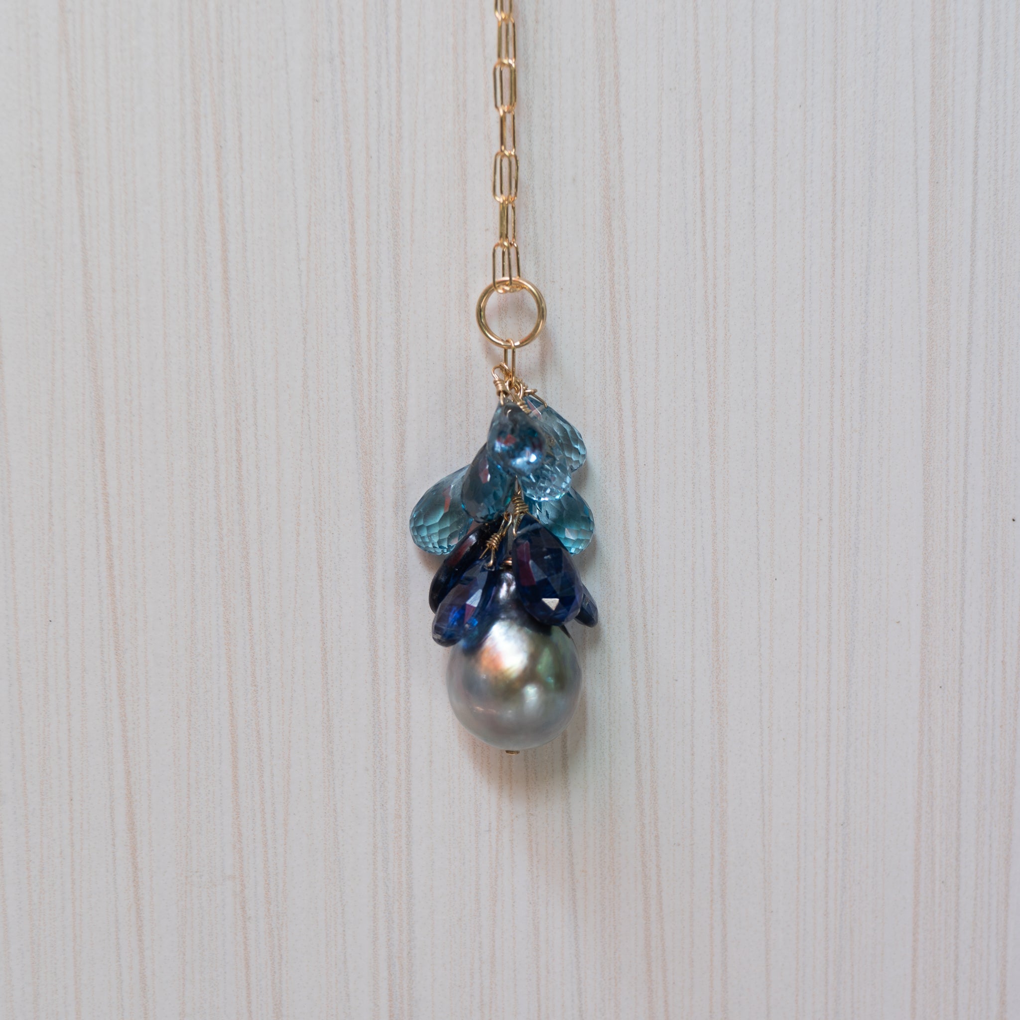 tahitian pearl blue gemstones kyanite london topaz necklace, handmade in hawaii, by eve black jewelry  