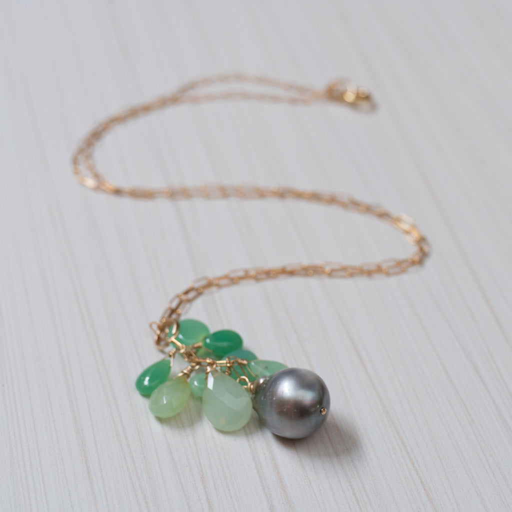 Tahitian Pearl and Chrysoprase necklace, handmade in Hawaii by Eve Black Jewelry