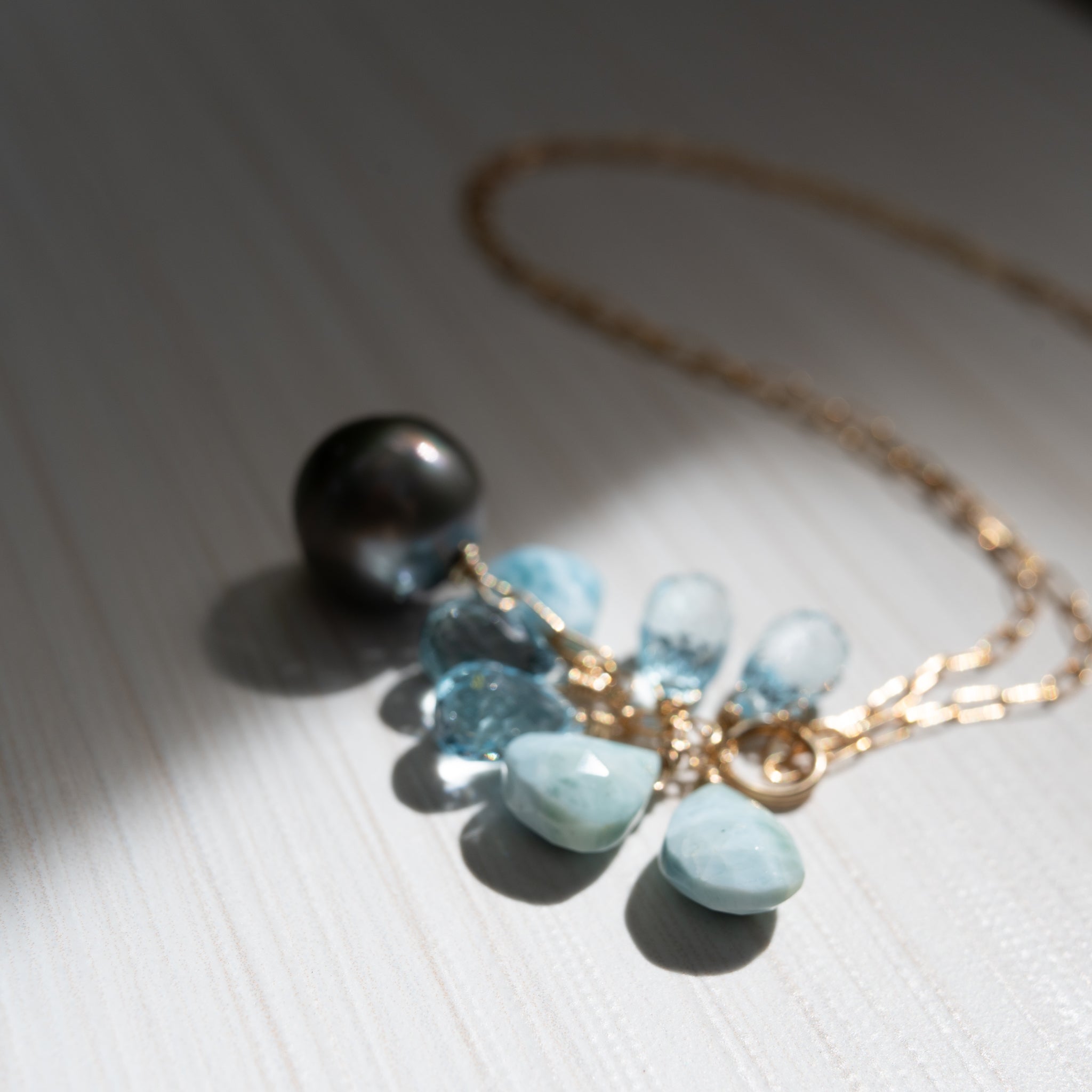 tahitian pearl and larimar necklace , handmade in Hawaii by eve black jewelry  