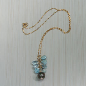 tahitian pearl and larimar necklace , handmade in Hawaii by eve black jewelry 