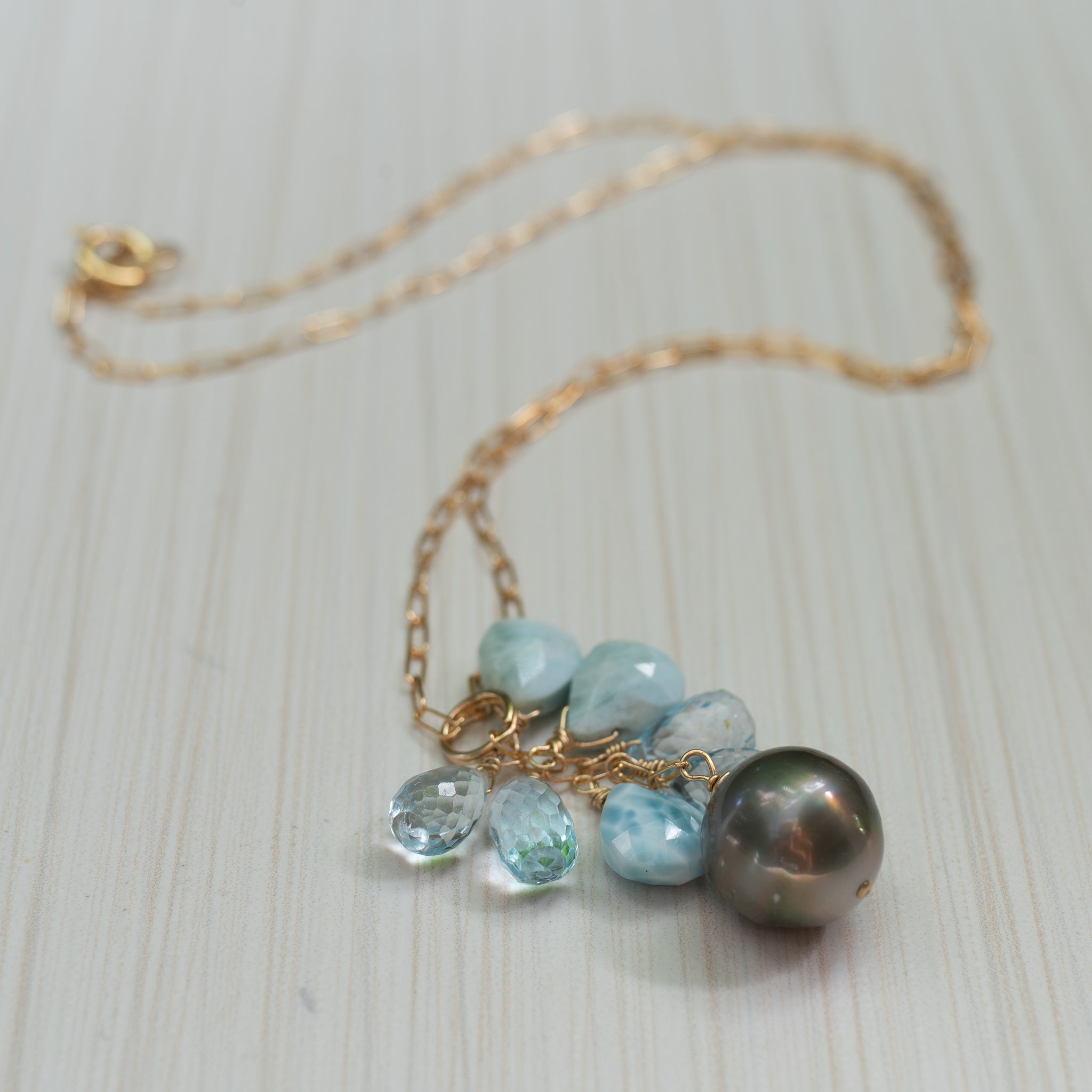 tahitian pearl and larimar necklace , handmade in Hawaii by eve black jewelry
