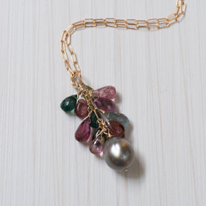 tahitian pearl and Tourmaline necklace, handmade in Hawaii by eve black jewelry 