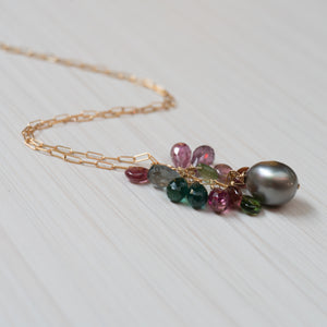 tahitian pearl and Tourmaline necklace, handmade in Hawaii by eve black jewelry  