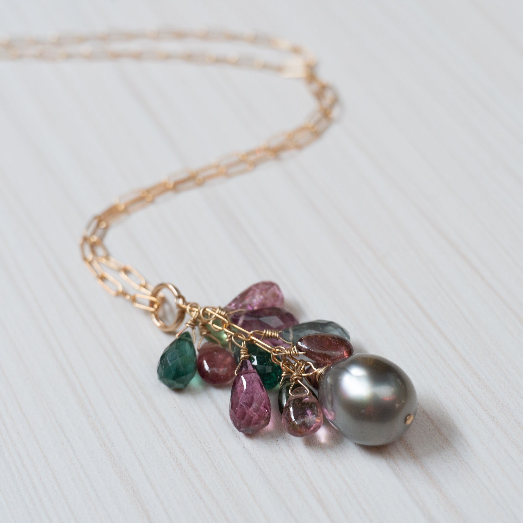 tahitian pearl and Tourmaline necklace, handmade in Hawaii by eve black jewelry