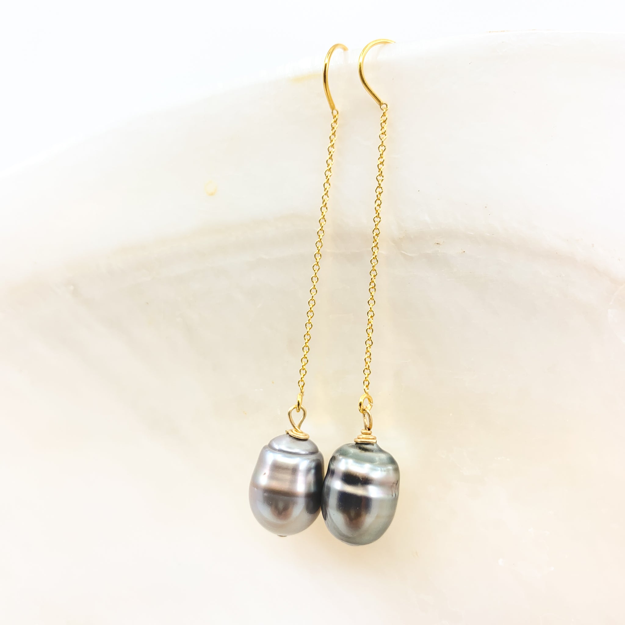 tahitian pearls threader style gold fill earrings by eve black jewelry made in Hawaii