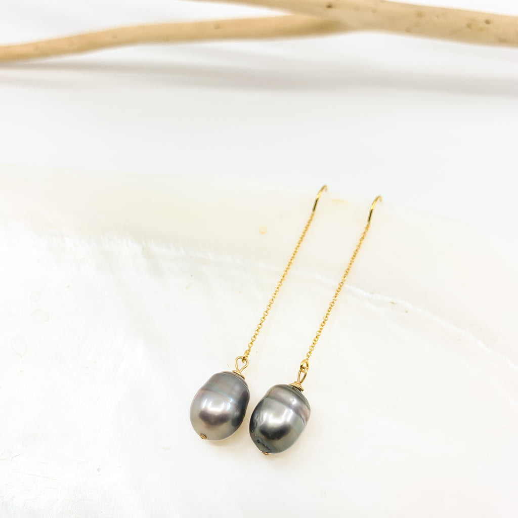 tahitian pearls threader style gold fill earrings by eve black jewelry made in Hawaii