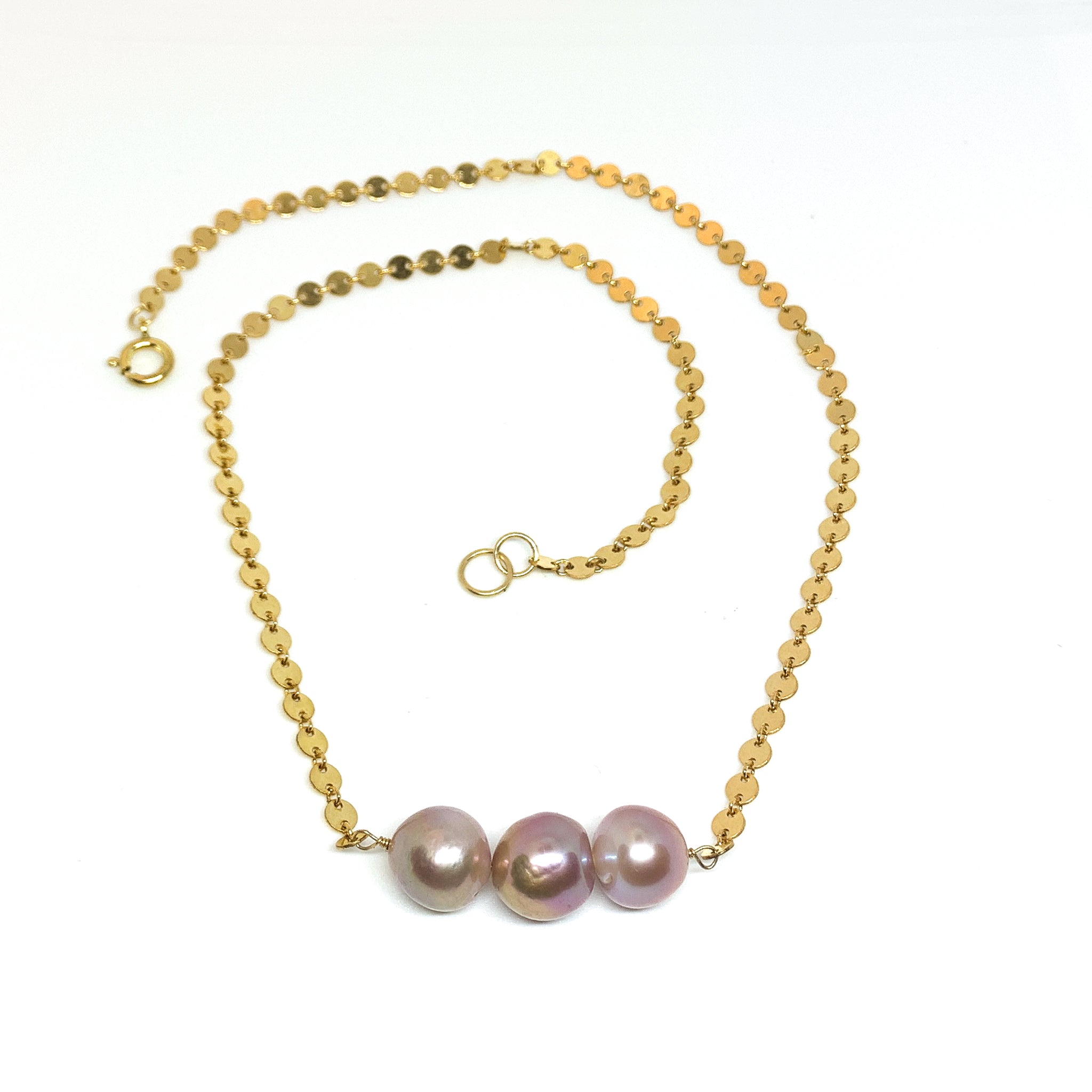 three pink Edison pearl necklace with short disc chain 14k gold fill