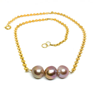 three pink edison pearl necklace with short disc chain 14k gold fill