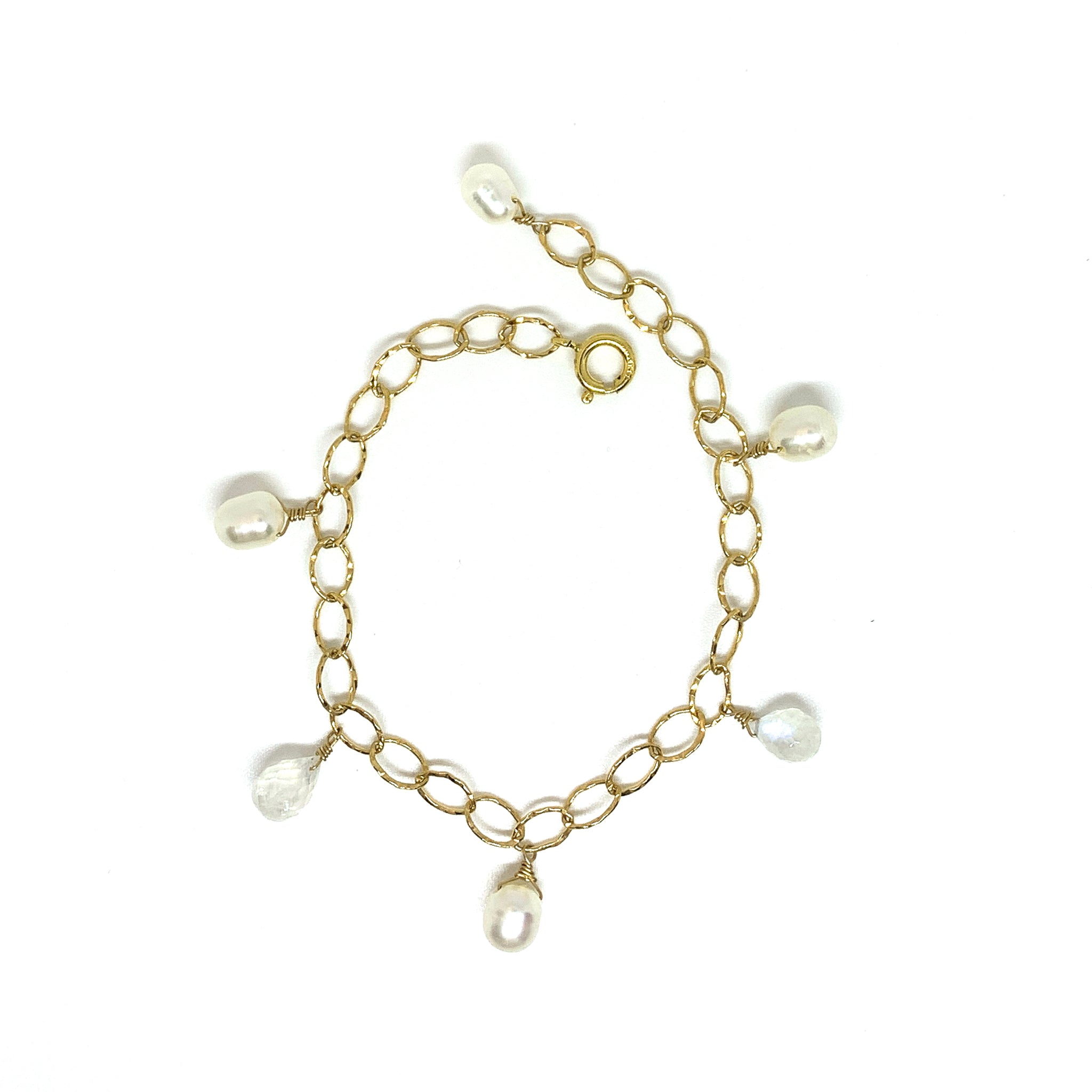 white pearl and moonstone charm bracelet by eve black jewelry handmade in Hawaii